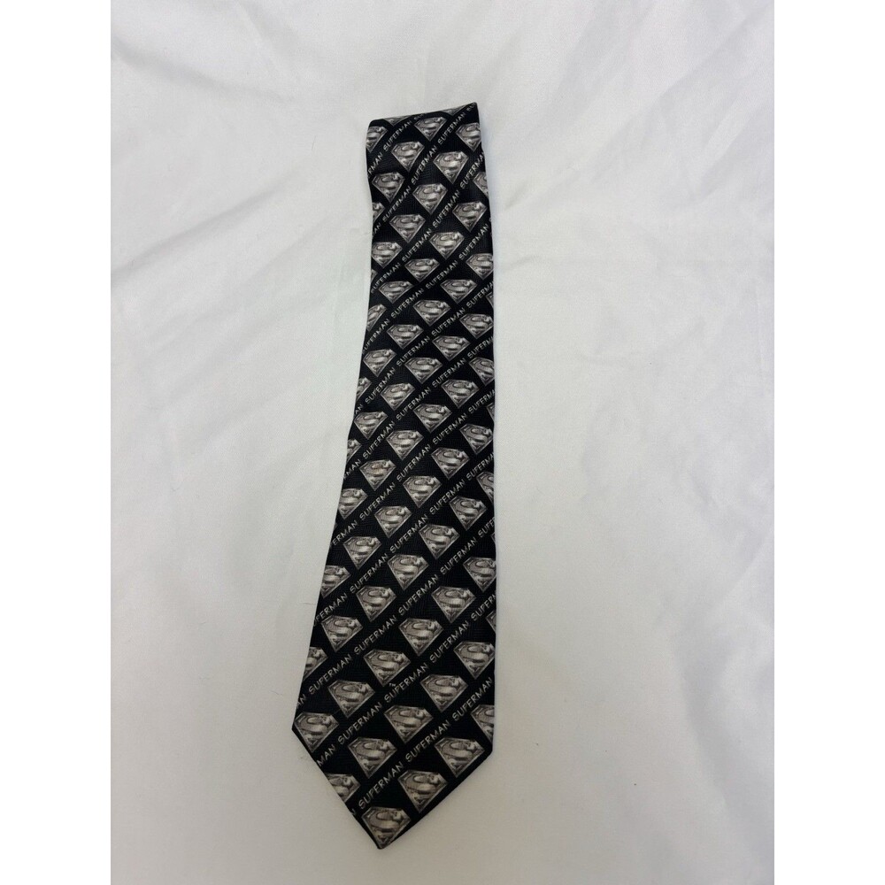 Vintage 2000 DC Comics Superman Black Necktie Grey Stamp Print Polyester